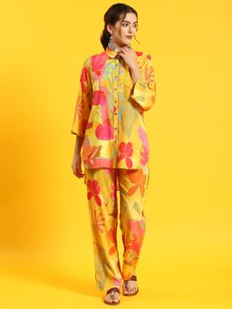 Shree - Women Rayon Yellow Floral Print Co-Ord (Set Of 2)