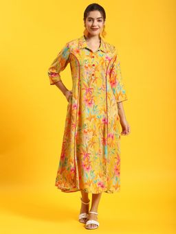 Shree - Women Rayon Yellow Floral Print Dress