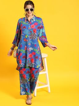 Shree - Women Rayon Blue Printed Co-Ord (Set Of 2)