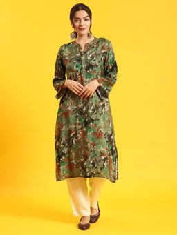 Shree - Women Muslin Green Floral Print Kurta