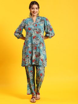 Shree - Women Rayon Blue Floral Print Co-Ord (Set Of 2)