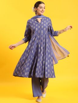 Shree - Women Muslin Blue Floral Print Kurta Comfort Pant Dupatta (Set Of 3)