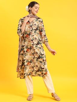 Shree - Women Rayon Beige Floral Print Kurta Trouser Dupatta (Set Of 3)