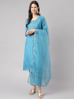 Divena - Teal Blue Muslin Embroidery Kurta Pant with Organza Dupatta (Set of 3)