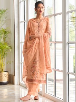 Stylee LIFESTYLE - Peach Cotton Embroidered Dress Material (Set of 3)