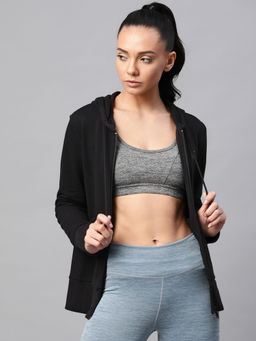 Alcis - Women Black Solid Hooded Front Open Sweatshirt