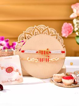 Voylla - Red Enamel Bhai-Bhabhi Rakhi Bracelet With Roli Chawal And Card (Set of 4)