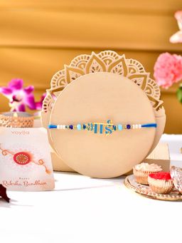 Voylla - Blue Enamel Bhai Rakhi With Roli Chawal And Card For Brother (Set of 3)