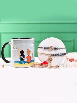 Voylla - Pearls Beaded Bhaiya Bhabhi Rakhi Bracelet With Roli Chawal & Mug (Set of 5)