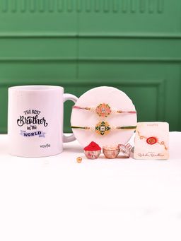 Voylla - Floral Enamelled Rakhi With Roli Chawal & The Best Brother Mug (Set of 5)