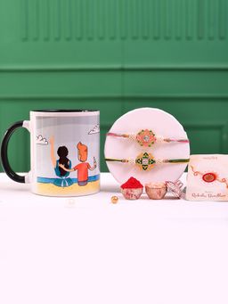 Voylla - Embellished Floral Enamelled Rakhi With Roli Chawal & Mug (Set of 5)