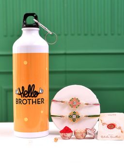 Voylla - Floral Enamelled Rakhi With Roli Chawal & Hello Brother Bottle (Set of 5)