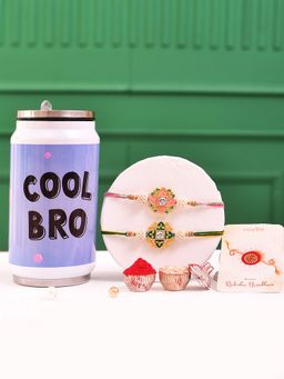 Voylla - Embellished Floral Rakhi With Roli Chawal & Cool Bro Bottle (Set of 5)