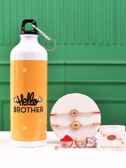 Voylla - Colourful Gems Traditional Rakhi With Roli Chawal & Hello Brother Bottle (Set of 5)