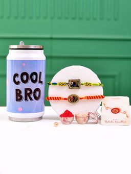 Voylla - Traditional Colourful Thread Rakhi With Roli Chawal & Cool Bro Bottle (Set of 5)
