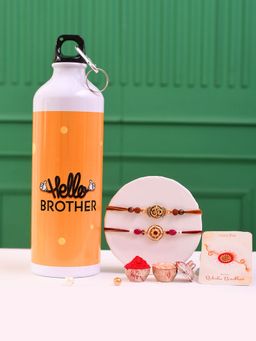 Voylla - Traditional & Divine Rakhi With Roli Chawal & Hello Brother Bottle (Set of 5)