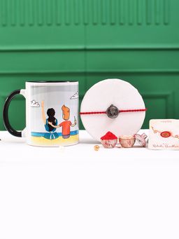 Voylla - Ram Lalla Rhodium Rakhi With Roli Chawal & Special Siblings Mug (Set of 4)