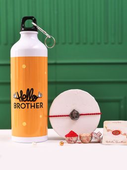 Voylla - Ram Lalla Rhodium Rakhi With Roli Chawal & Hello Brother Bottle (Set of 4)