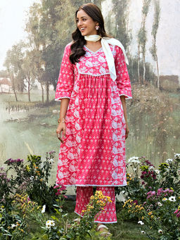 Libas - Pink Printed Cotton A-line Kurta Set for Women