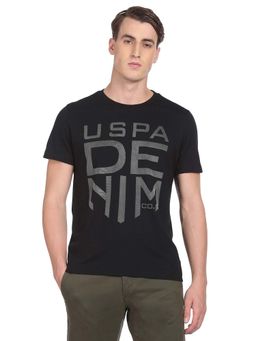U.S. Polo Assn. Denim Co. - Men Black Brand Print Pure Cotton T-Shirt