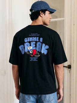 Bewakoof - Men's Black Gimme a Break Graphic Printed Oversized T-shirt