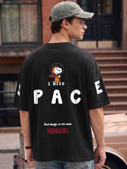 Bewakoof - Official Peanuts Men's Black Need Space Snoopy Graphic Printed Oversized T-shirt