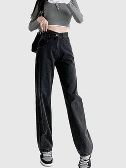 Outzidr - Women Black Criss Cross Waistband Straight Jeans