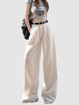 Outzidr - Women Cream Flared Pleated Jeans