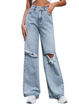 Outzidr - Women Blue Distressed Straight Denim