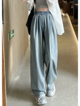 Outzidr - Women Blue Elastic Wide Leg Jeans