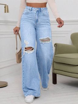 Outzidr - Women Blue Distressed Baggy Jeans