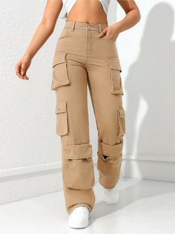 Outzidr - Women Beige Straight Fit Cargo Pant