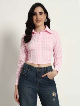 SUGERCANDY - Gingham Self Design Crop Top - Pink