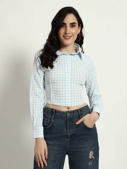 SUGERCANDY - Gingham Blue Self Design Crop Top
