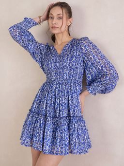 Femmella - Blue Floral Lurex Tiered Mini Dress