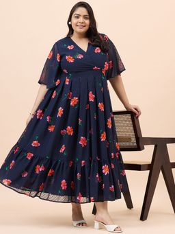 Femmella - Navy Dobby Printed Wrap Maxi Dress