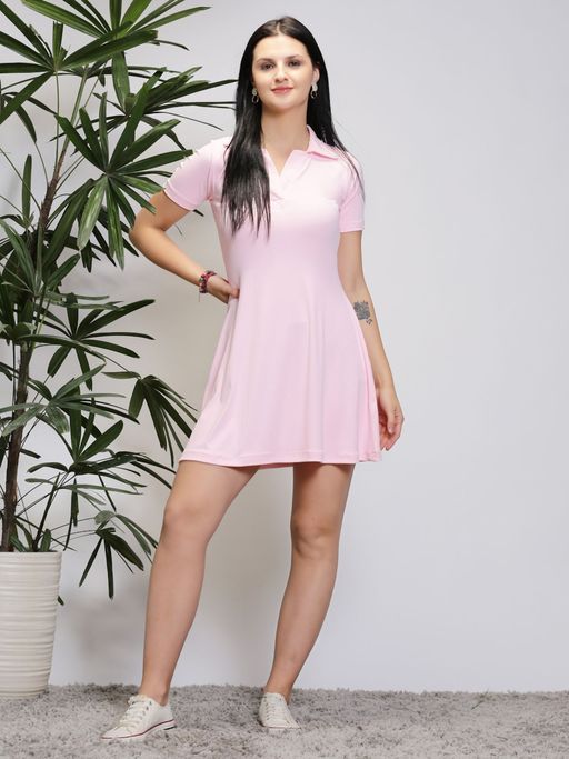 Buy Sera Women Solid Pink Mini Fit & Flare Dress Online