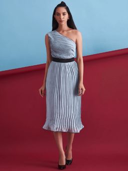 ETE - Valerie-grey Plisse One Shoulder Midi Dress With Contrasting Belt