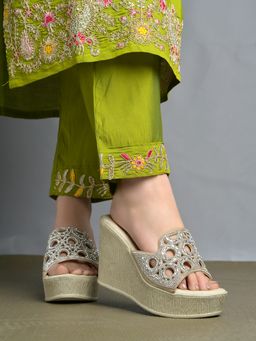 HVNLY by Shoetopia - Women Gold Elegant Shimmer Embellished Wedge Heels