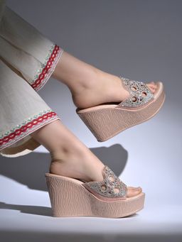 HVNLY by Shoetopia - Women Rose Gold Elegant Shimmer Embellished Wedge Heels