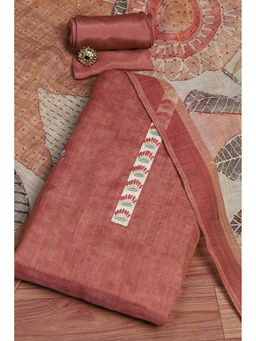 Biba - Women Brown Linen Blend Hand Embroidered Unstitched Dress Material