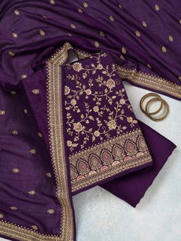 Koskii - Purple Zariwork (Gold) Soft Raw Silk Unstitched Dress Material