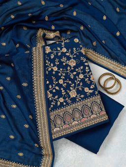 Koskii - Peacock Blue Zariwork (Gold) Soft Raw Silk Unstitched Dress Material