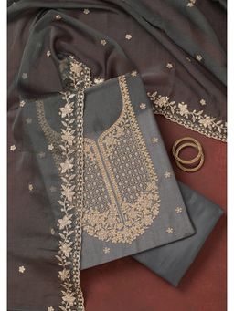 Koskii - Dark Grey Zariwork (Gold) Chinon Unstitched Dress Material