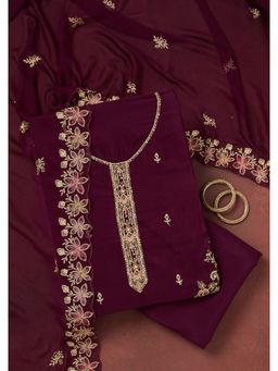 Koskii - Wine Threadwork Semi Crepe Unstitched Dress Material