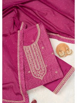 Koskii - Pink Zariwork (Gold) Chinon Unstitched Dress Material