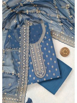 Koskii - Peacock Blue Zariwork (Gold) Chinon Unstitched Dress Material