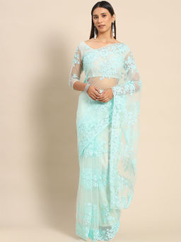 Odette - Light Blue Floral Embroidered Net Saree with Unstitched Blouse