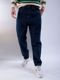 The Indian Garage Co - Men Loose Tapered Solid Mid Rise Jeans Navy Blue