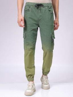 The Indian Garage Co - Men Regular Fit Ombre Mid Rise Stretchable Denim Cargo Joggers Green
